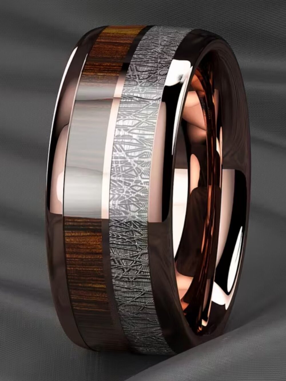 Mens Ring Inlaid Aged Oak SS Steel Man Glitter Rose Gold High Gloss Resin Finish